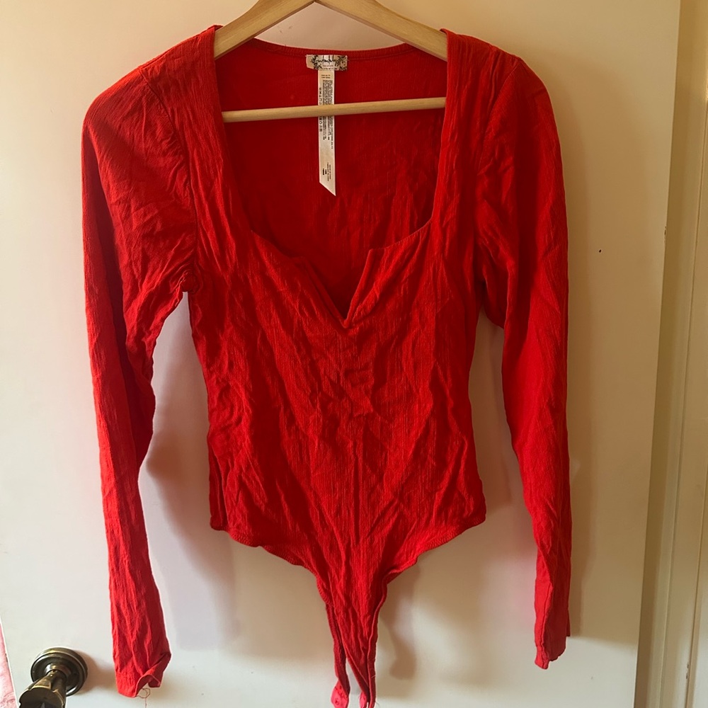 Free People Red Long Sleeve Bodysuit